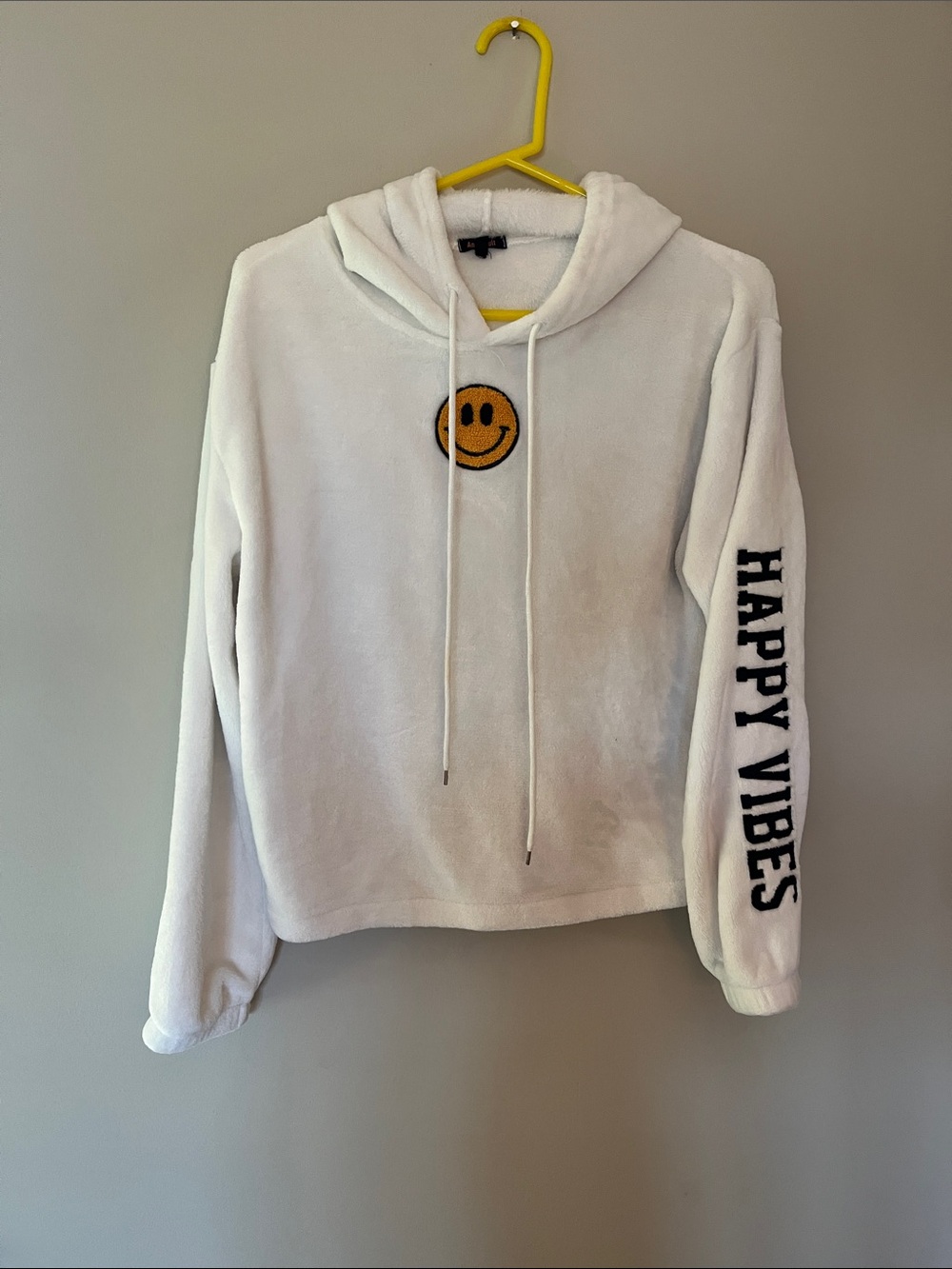 White Fleece Hoodie with Smiley Patch - "Happy Vibes" Sleeve